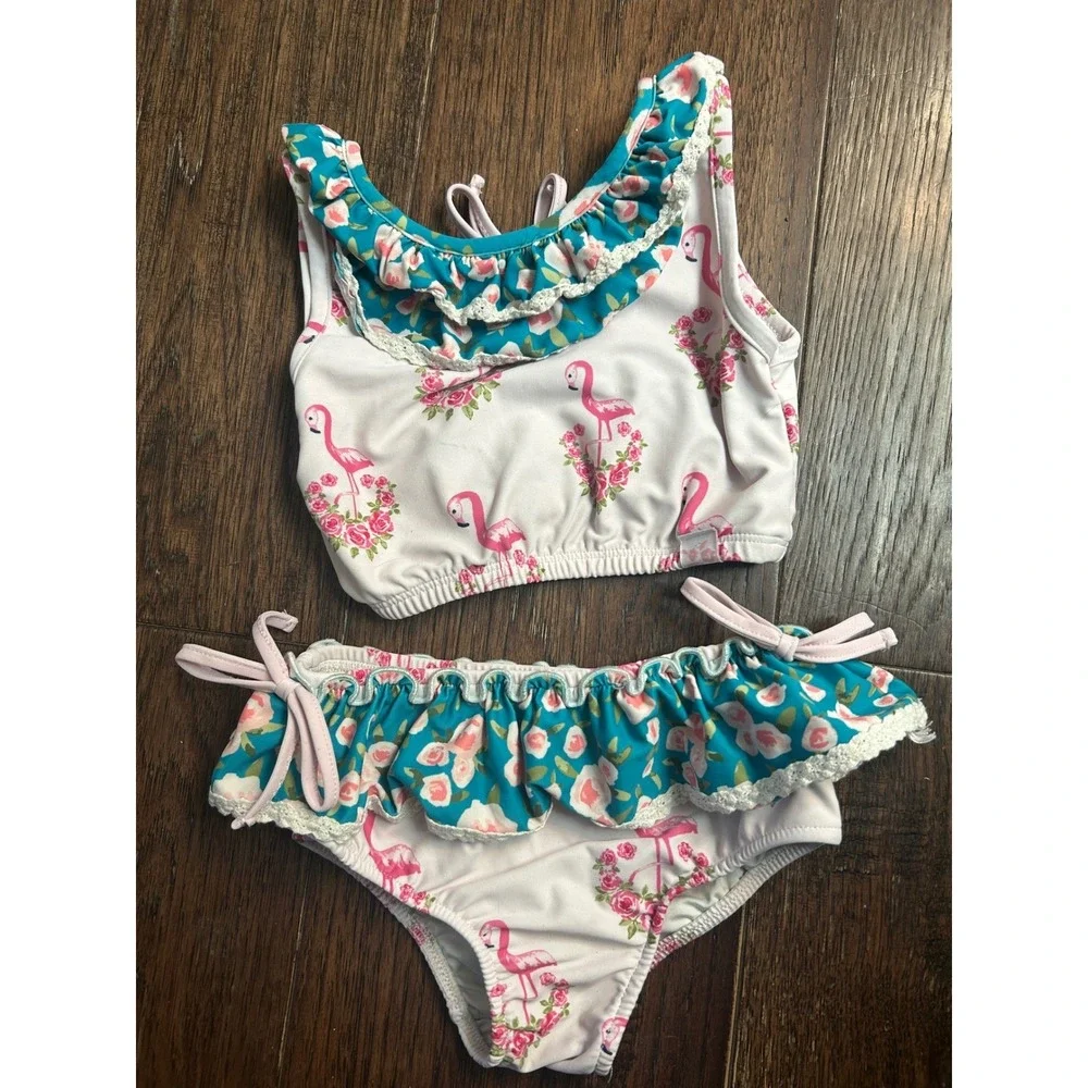 SweetHoney Girls Flamingo Floral Ruffle Swimsuit Set - Size 5Y - Adorable!